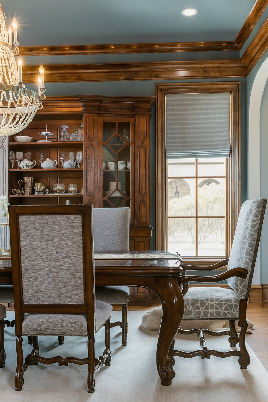 Elegant dining room with wood furniture and blue walls. Interior Design.